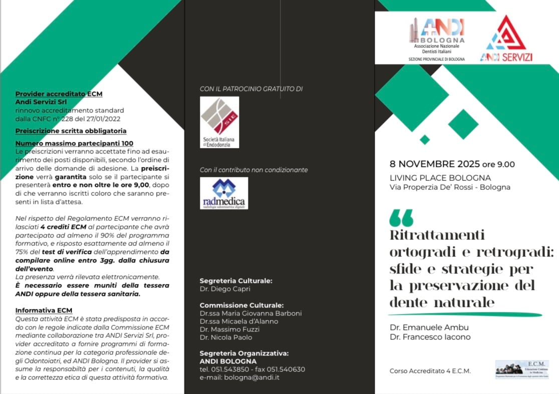 Locandina ECM dell'incontro ANDI Bologna su ritrattamenti ortogradi e retrogradi, 8 novembre 2025